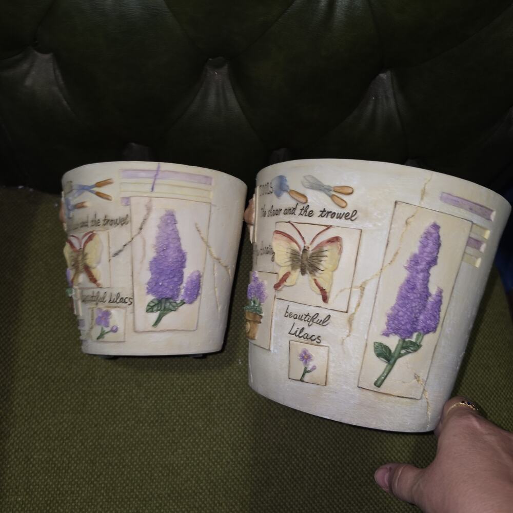 Set of 2- 7" and 5" Planters Lilacs Butterflies Rustic Country NIB